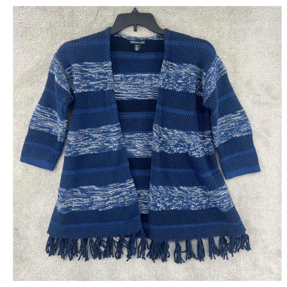 American Living Cardigan Womens M Blue Striped‎ Fringe Open Front Coastal Boho